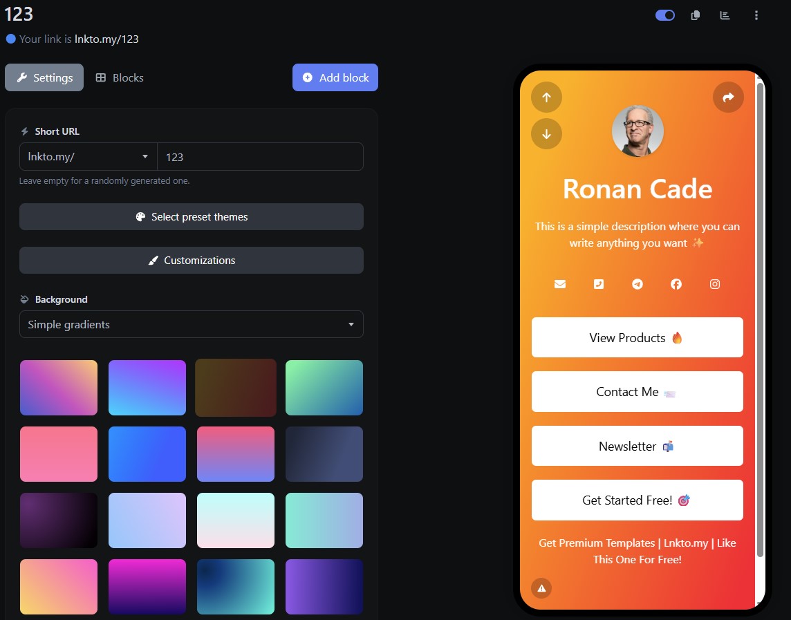 Screenshot of the app biolink editing page
