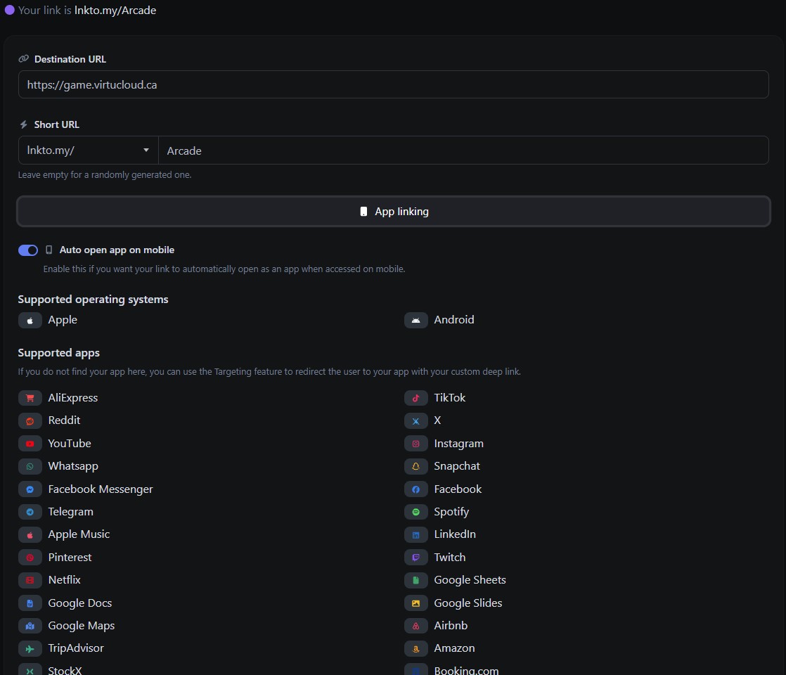 Screenshot of the app short URL editing page